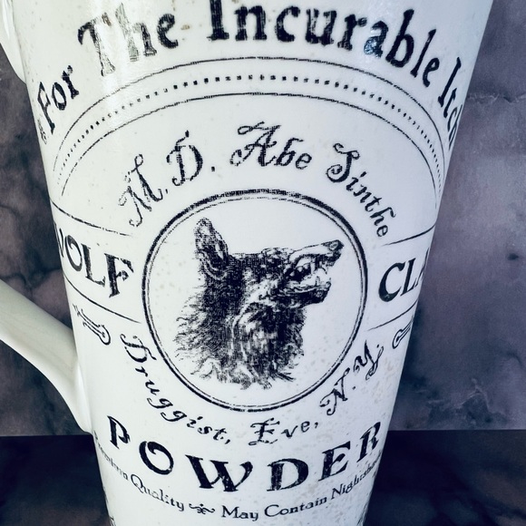 Halloween Ceramic Wolf Claw Powder Tall Coffee Mug Apothecary Druggist Label - Picture 3 of 7